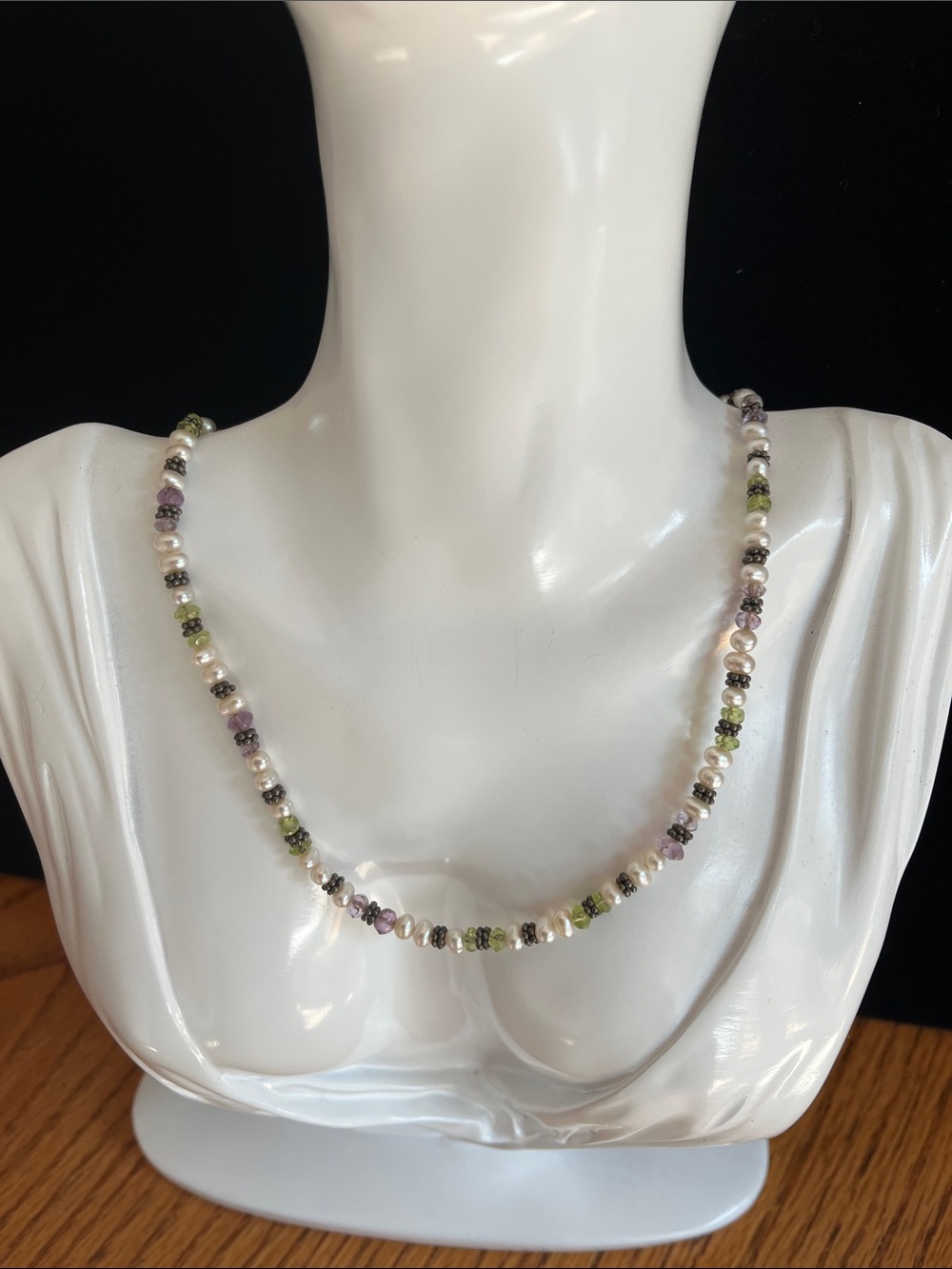 Sterling Silver Gemstone and Pearl Necklace - Pearl,  Peridot, & Amethyst
